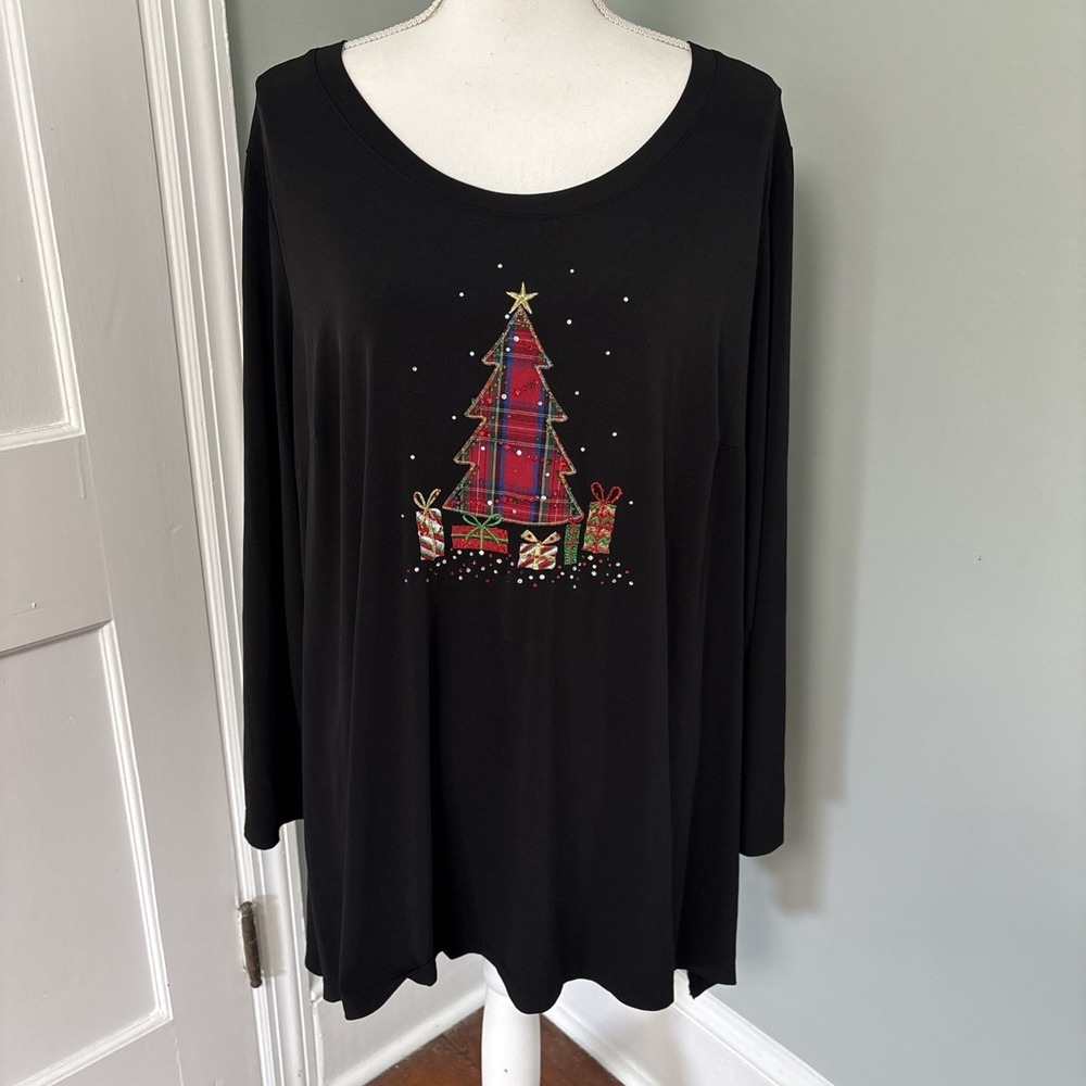 Quacker Factory Christmas Shirt 2X Beads Embroidery Presents Holiday Tree Black